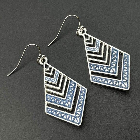 Silver with Blue Enamel Boho Tribal Rhombus Chevron Dangling Drop Hook Earrings - Picture 1 of 9